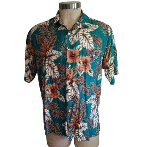 Tori Richard Honolulu Hawaiian Blue Floral Aloha Camp Shirt Mens L Made USA